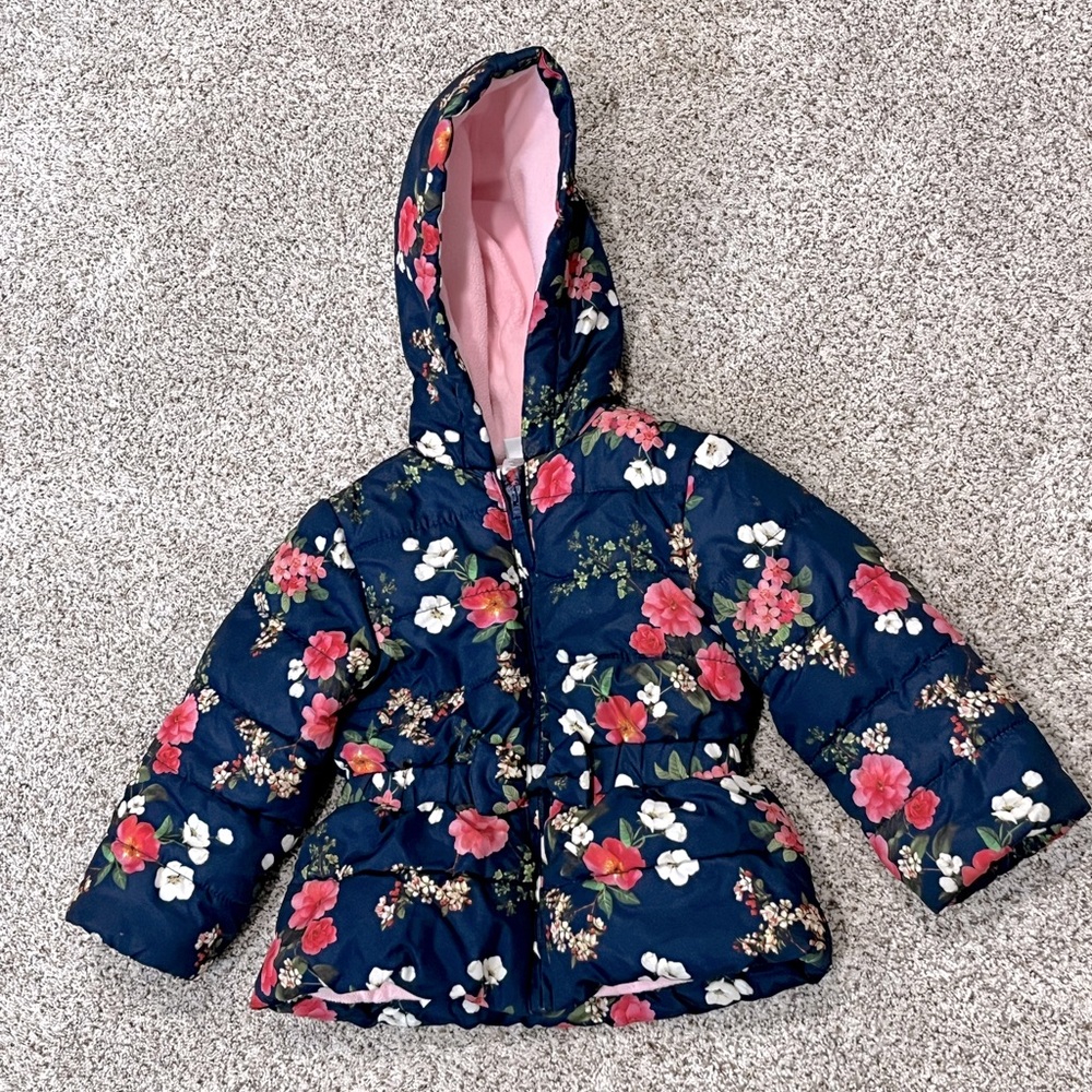 Little Me Floral Girls Winter Fleece Lined Hooded Puffer Coat Size 24 Months